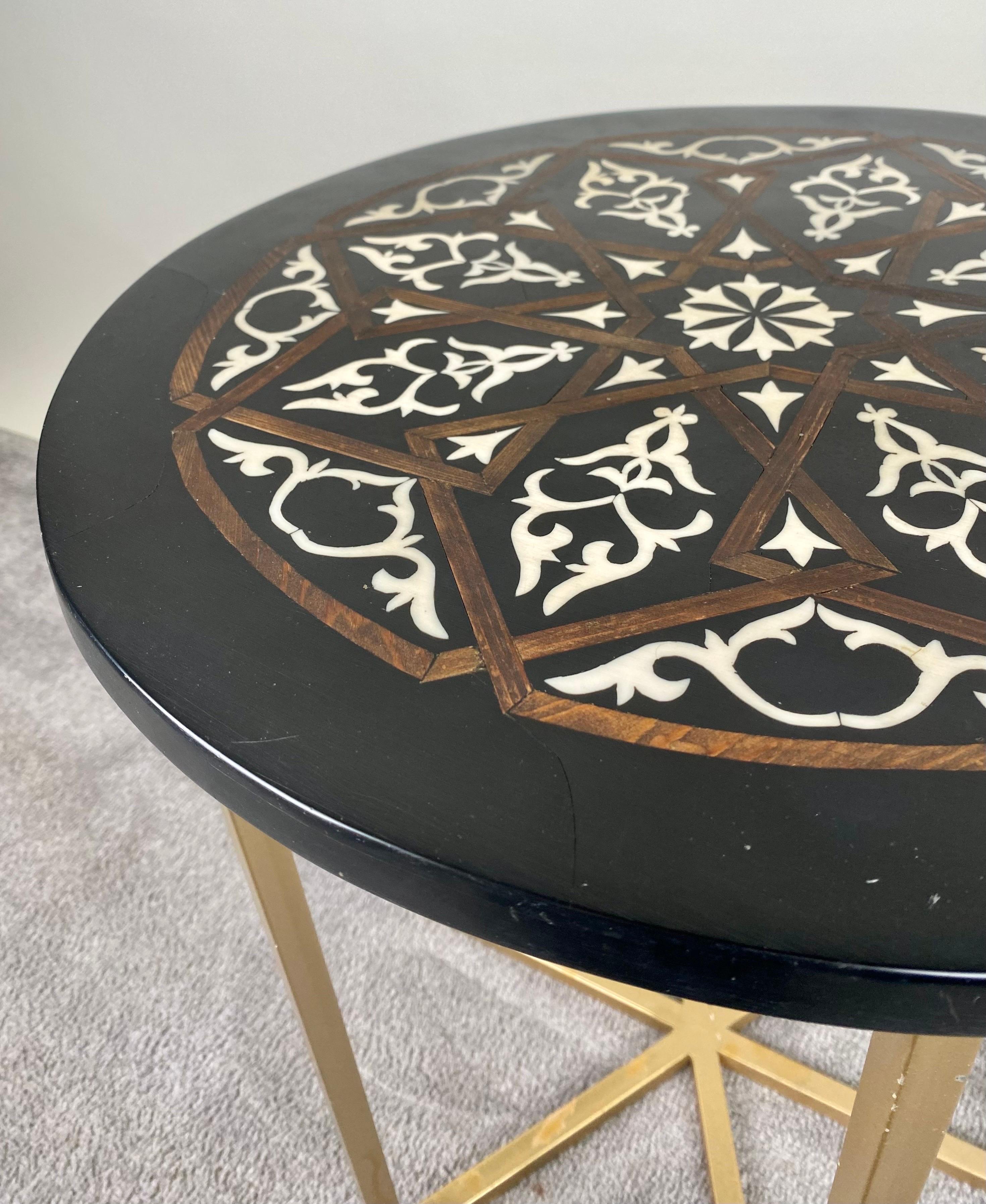 Late 20th Century Boho Chic Moorish Design Round Side / End Table with Black Resin Top & Brass  For Sale