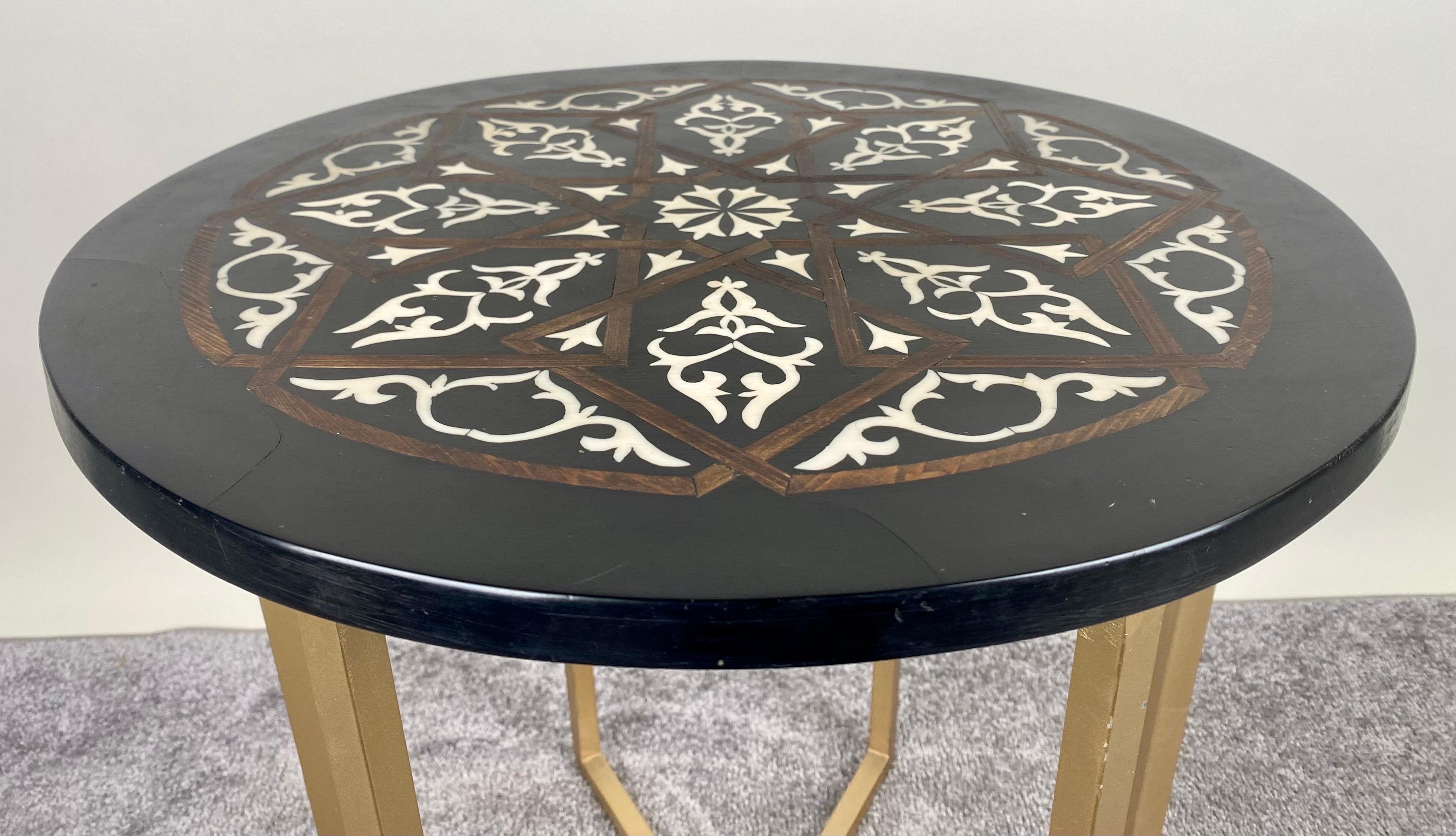 Boho Chic Moorish Design Round Side / End Table with Black Resin Top & Brass  For Sale 1