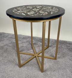 Boho Chic Moorish Design Round Side / End Table with Black Resin Top & Brass