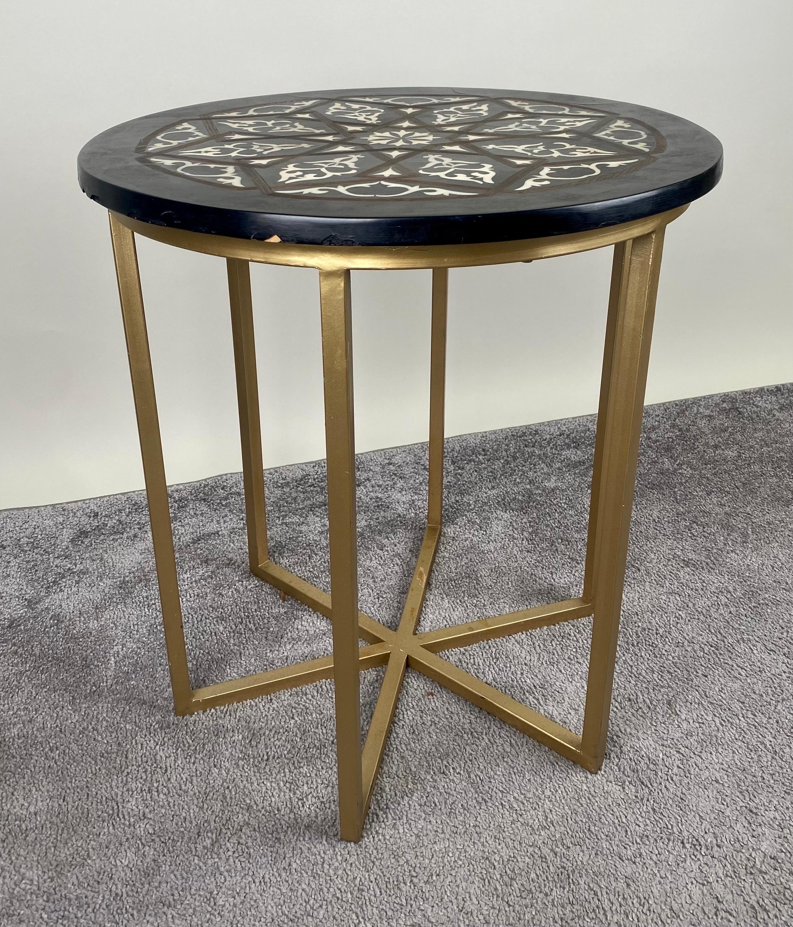 Bohemian Boho Chic Moorish Design Round Side / End Table with Black Resin Top & Brass  For Sale