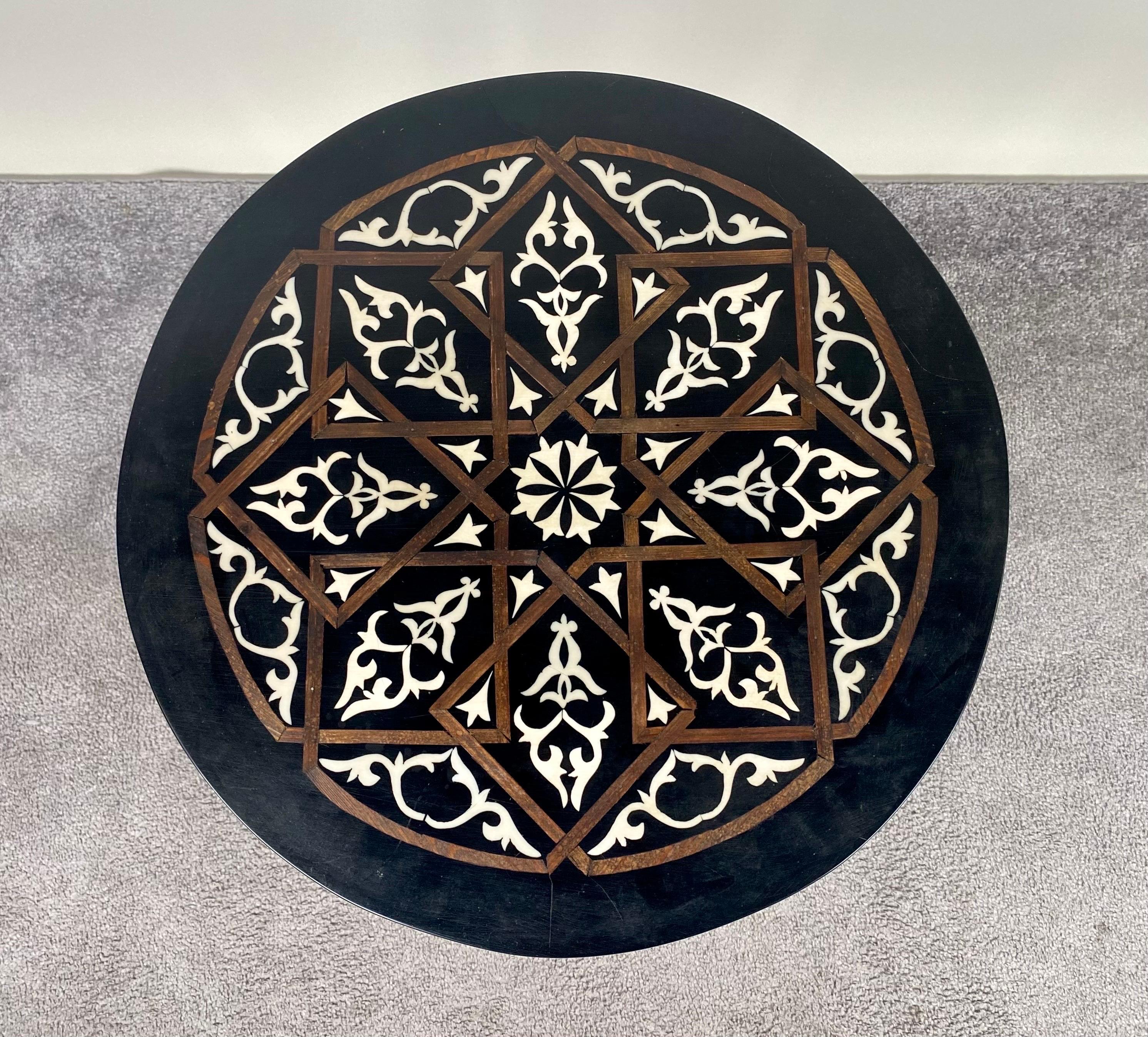 Boho Chic Moorish Design Round Side / End Table with Black Resin Top & Brass  For Sale 5