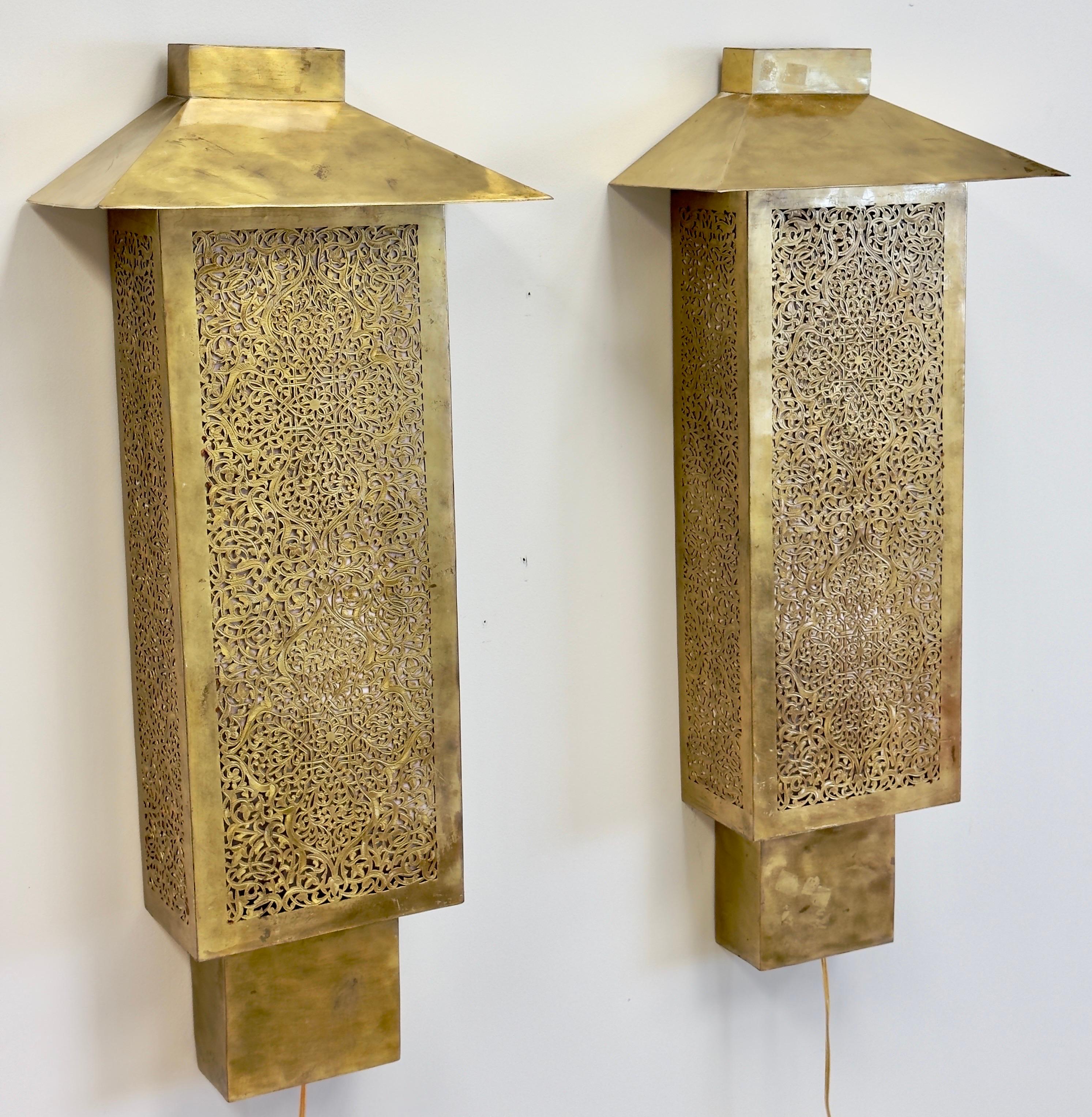 Art Deco Style Filigree Brass Wall Sconces or Lanterns, a Pair For Sale 2
