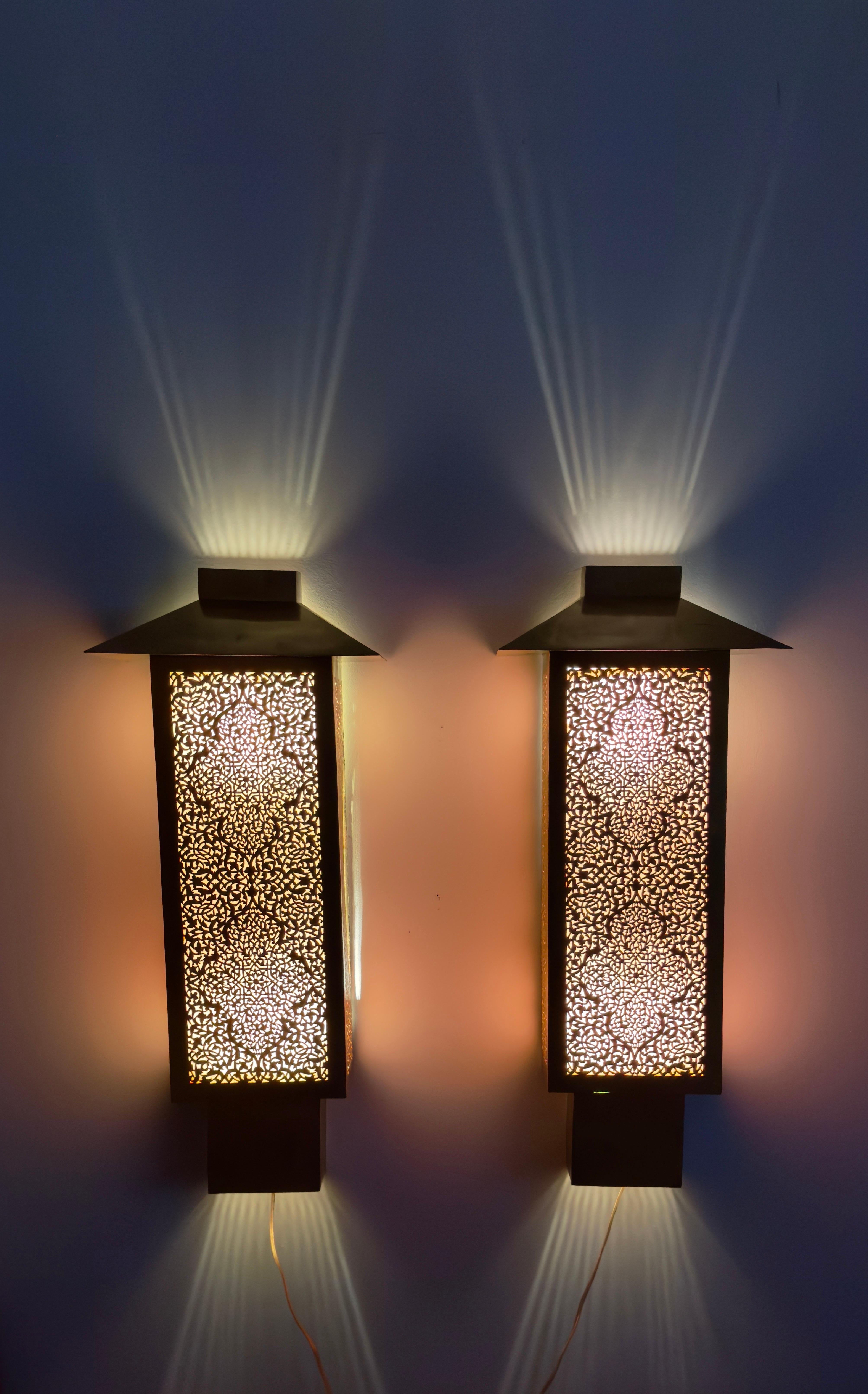 Art Deco Style Filigree Brass Wall Sconces or Lanterns, a Pair In Good Condition For Sale In Plainview, NY