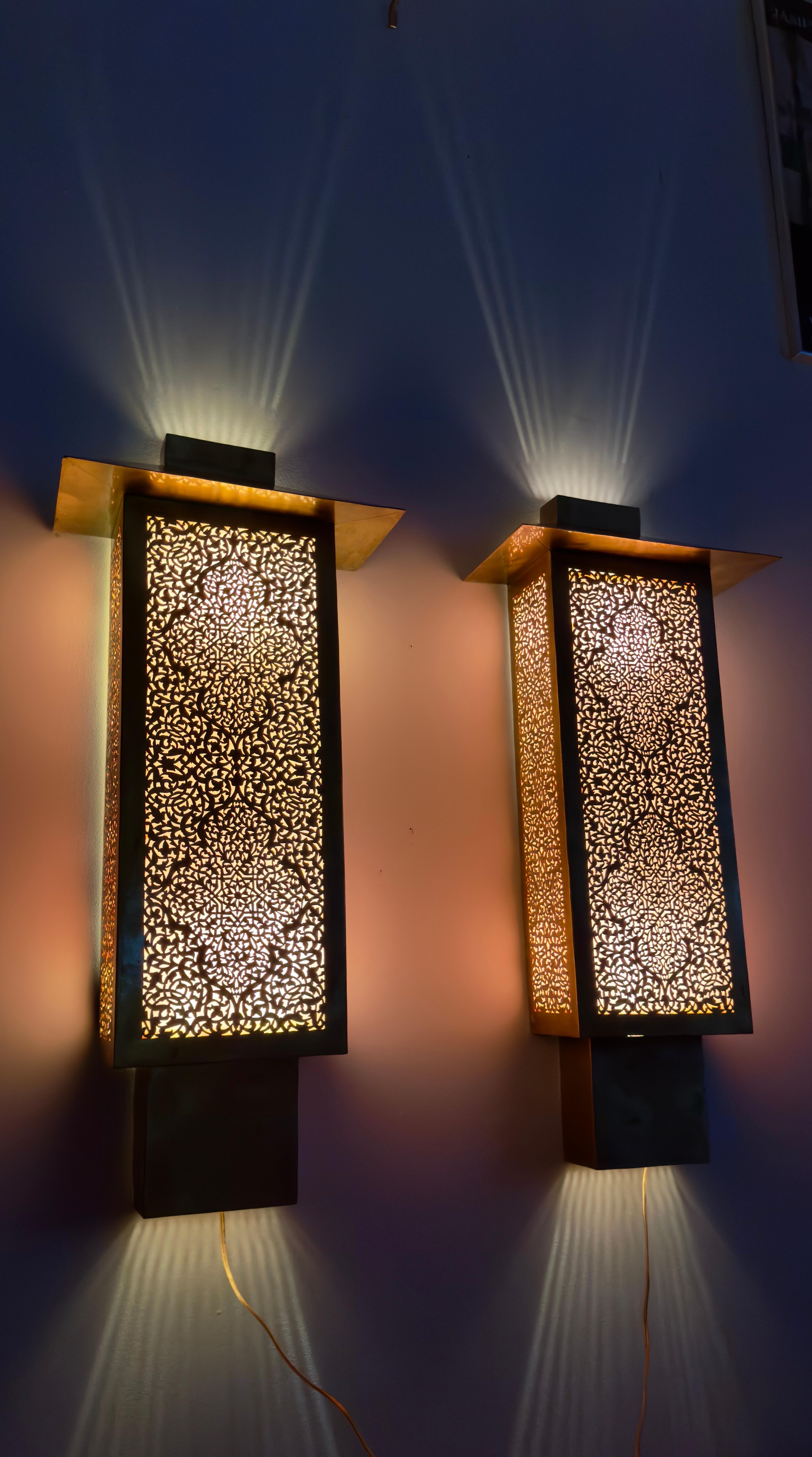 Unknown Art Deco Style Filigree Brass Wall Sconces or Lanterns, a Pair For Sale