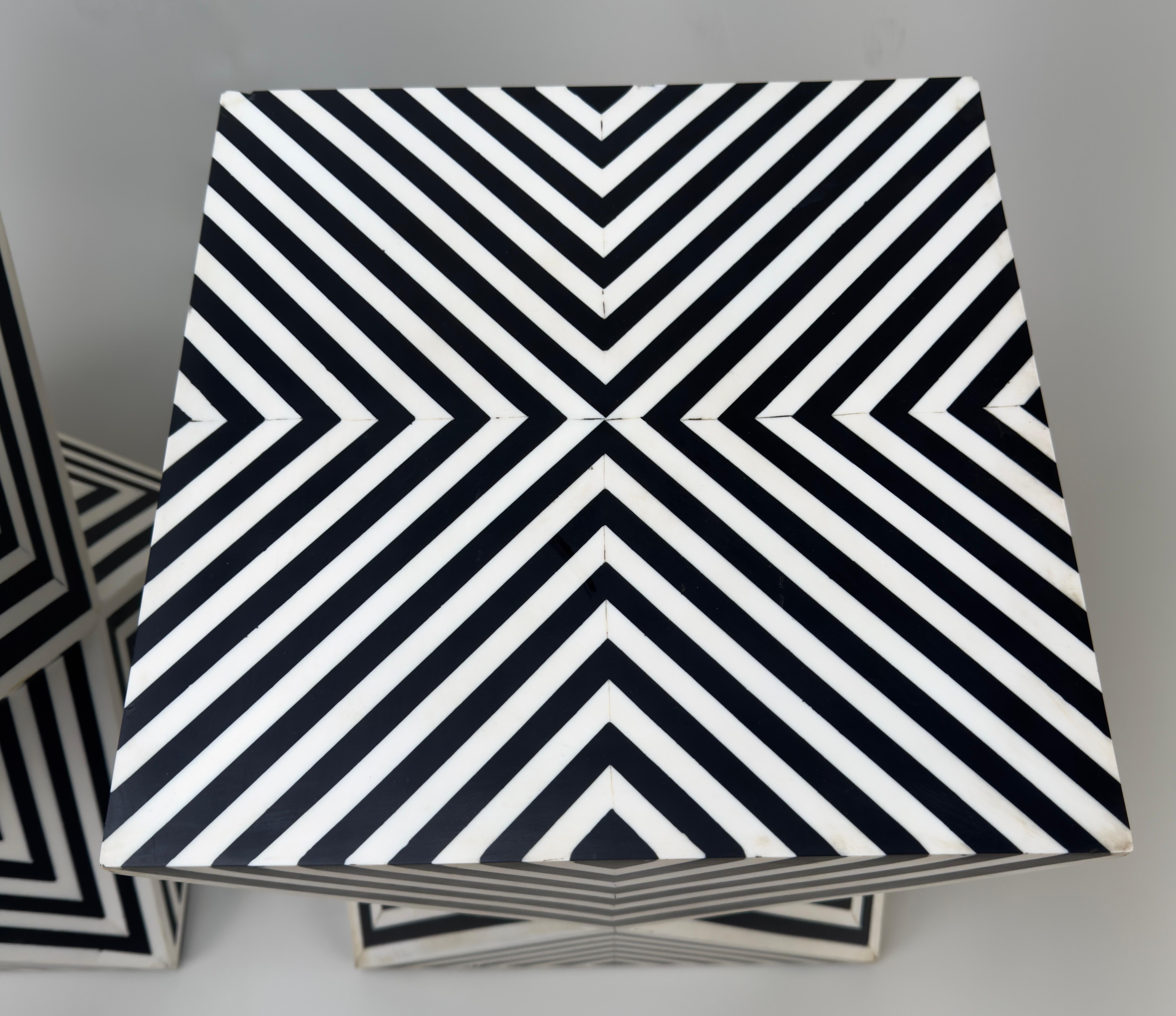Unknown Art Deco Style Black and White Resin Sculptural Side, End Table or Stool, a Pair For Sale