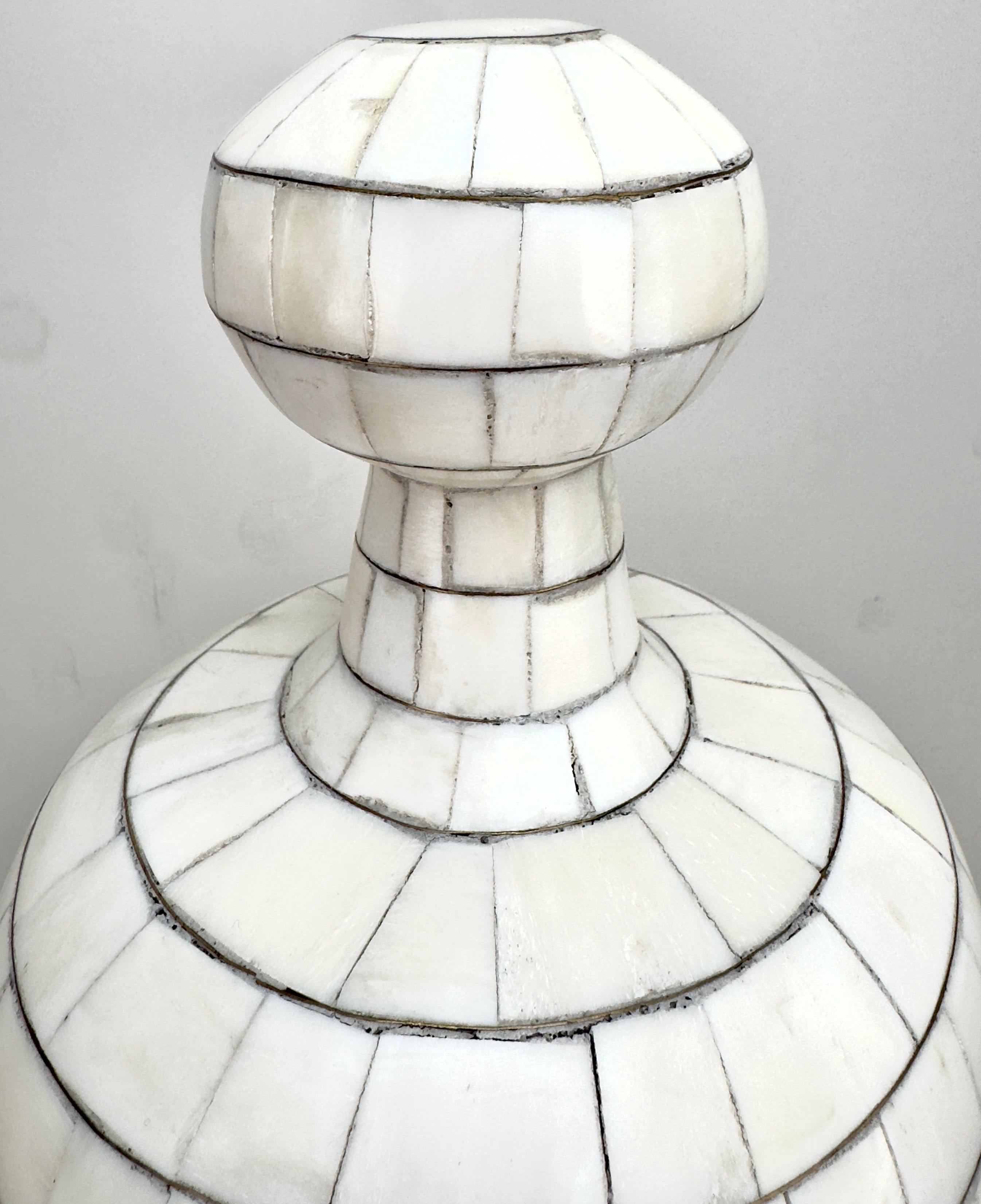 Art Deco Mid-Century Off-White Mosaic Natural Bone with Brass Inlay Urn or Vase For Sale