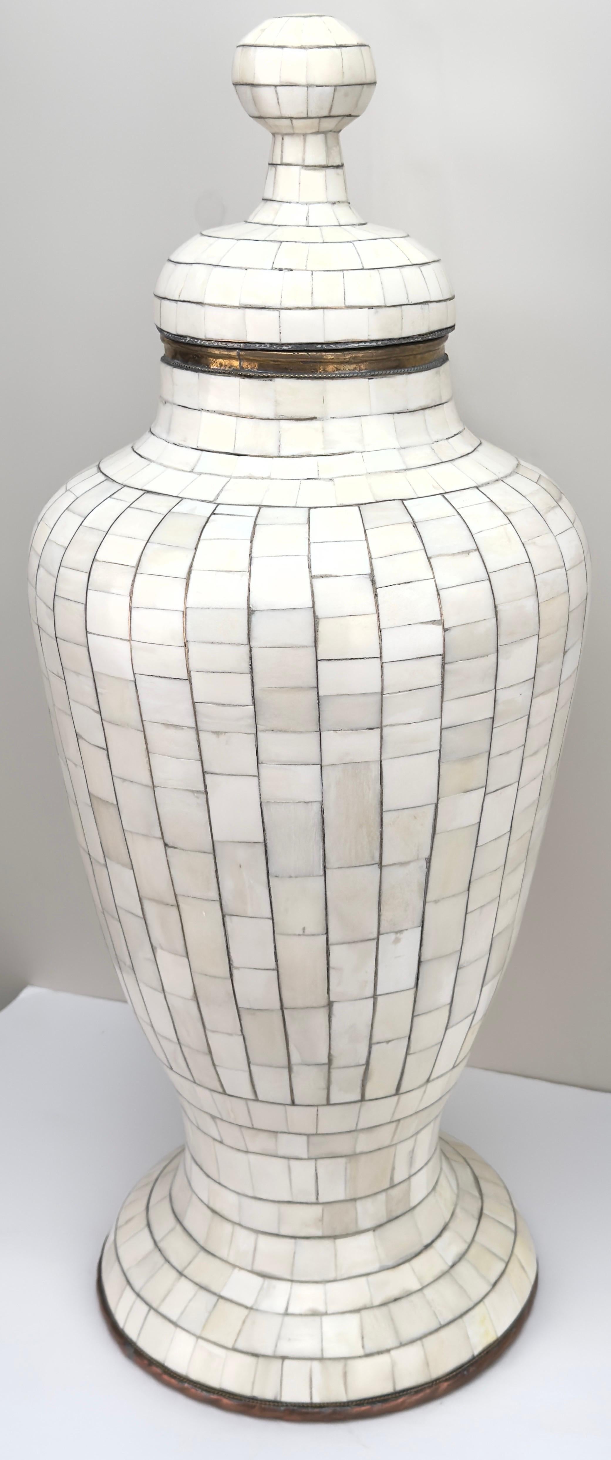 Natural Off-White Mosaic Bone over Brass Urn or Vase. Beautiful antique natural bone over brass urn or vase. The handcrafted urn can be a center piece of any room and add an exotic and elegant touch to any living environment. The bone is naturally