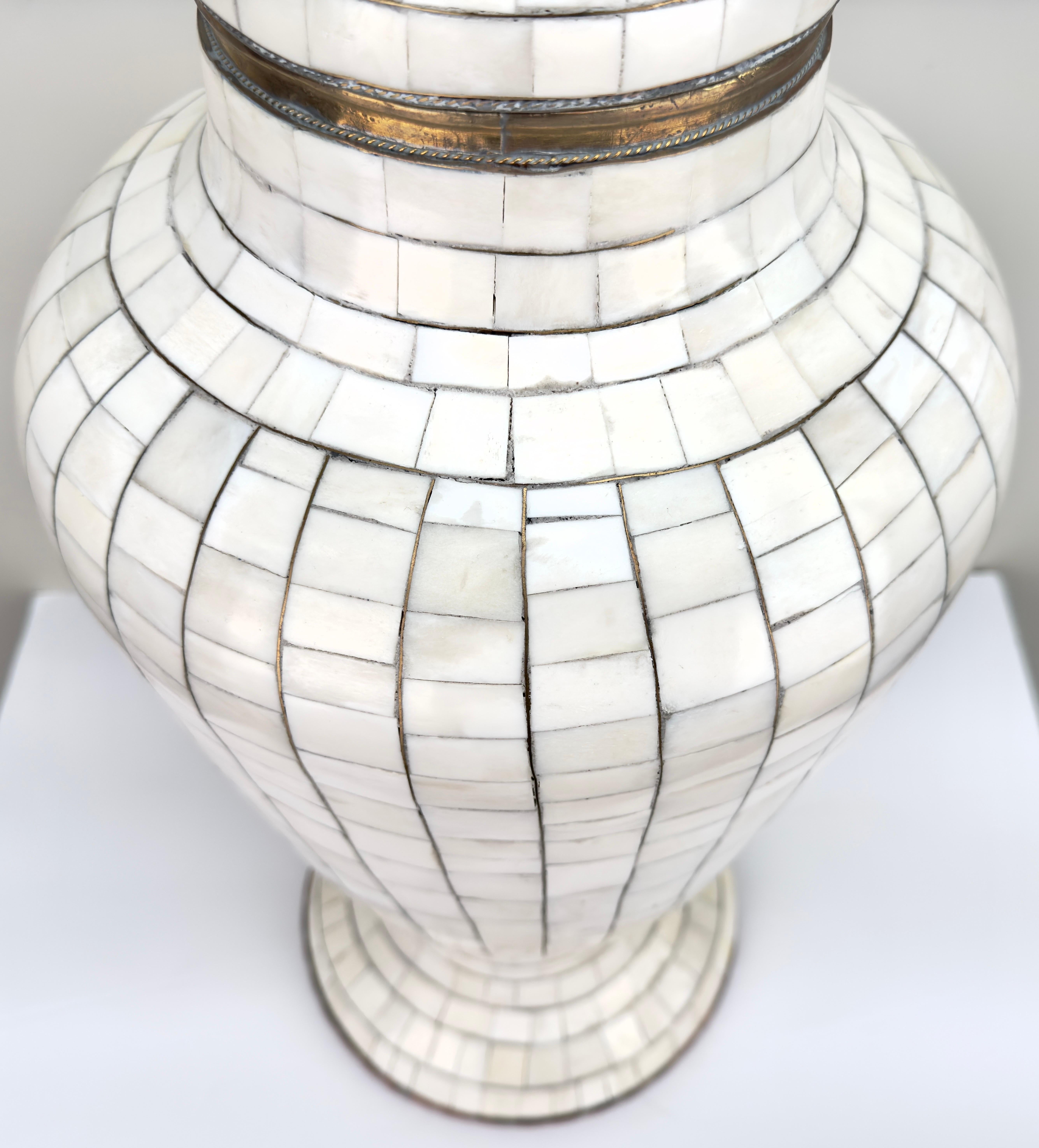 20th Century Mid-Century Off-White Mosaic Natural Bone with Brass Inlay Urn or Vase For Sale