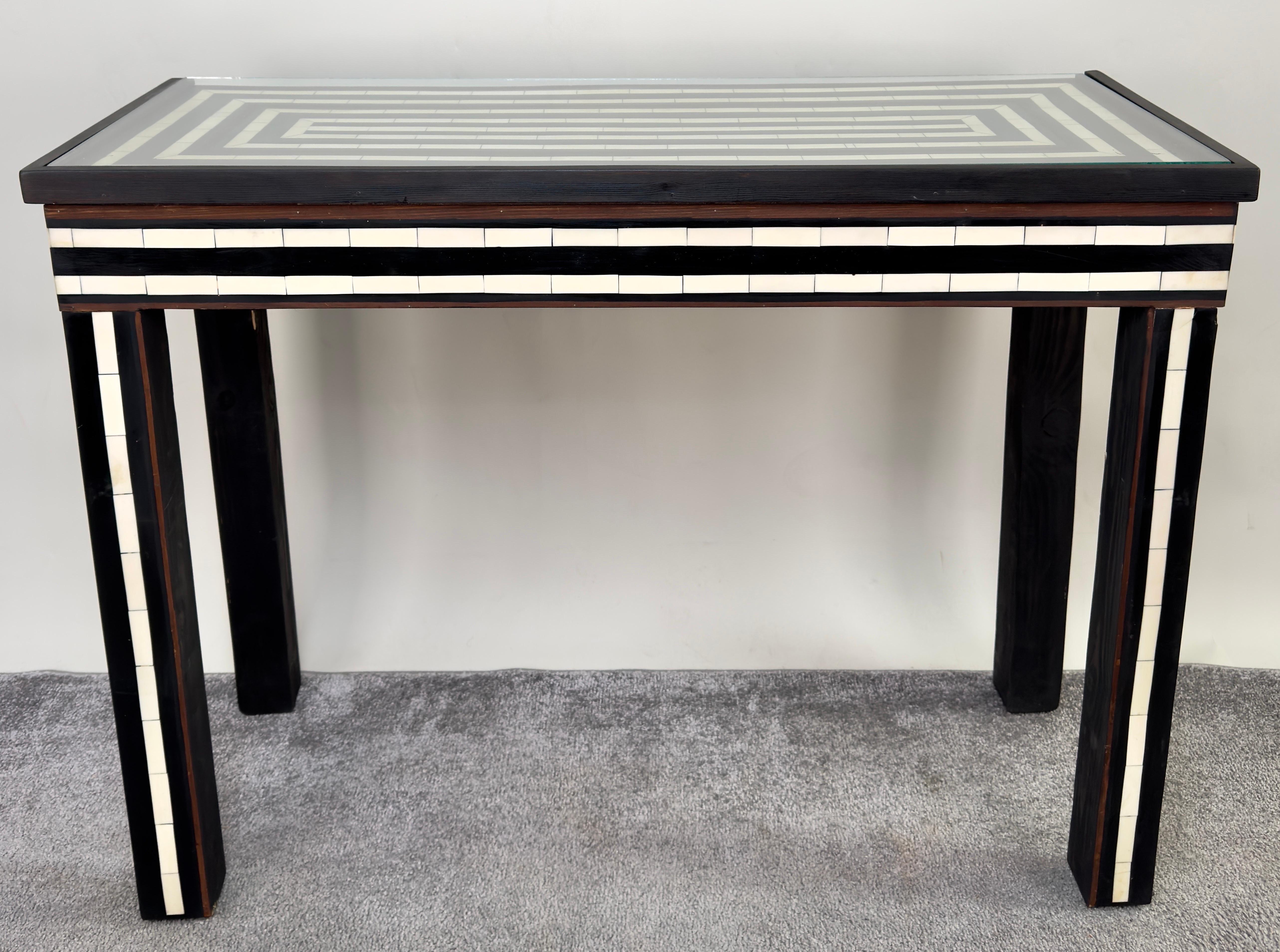 A chic and timeless Mid-Century Modern console or table with matching mirror in a geometric style featuring white and black stripes. Very modern and simply exquisite, the pair would look stunning in an entryway, living room or used as vanity