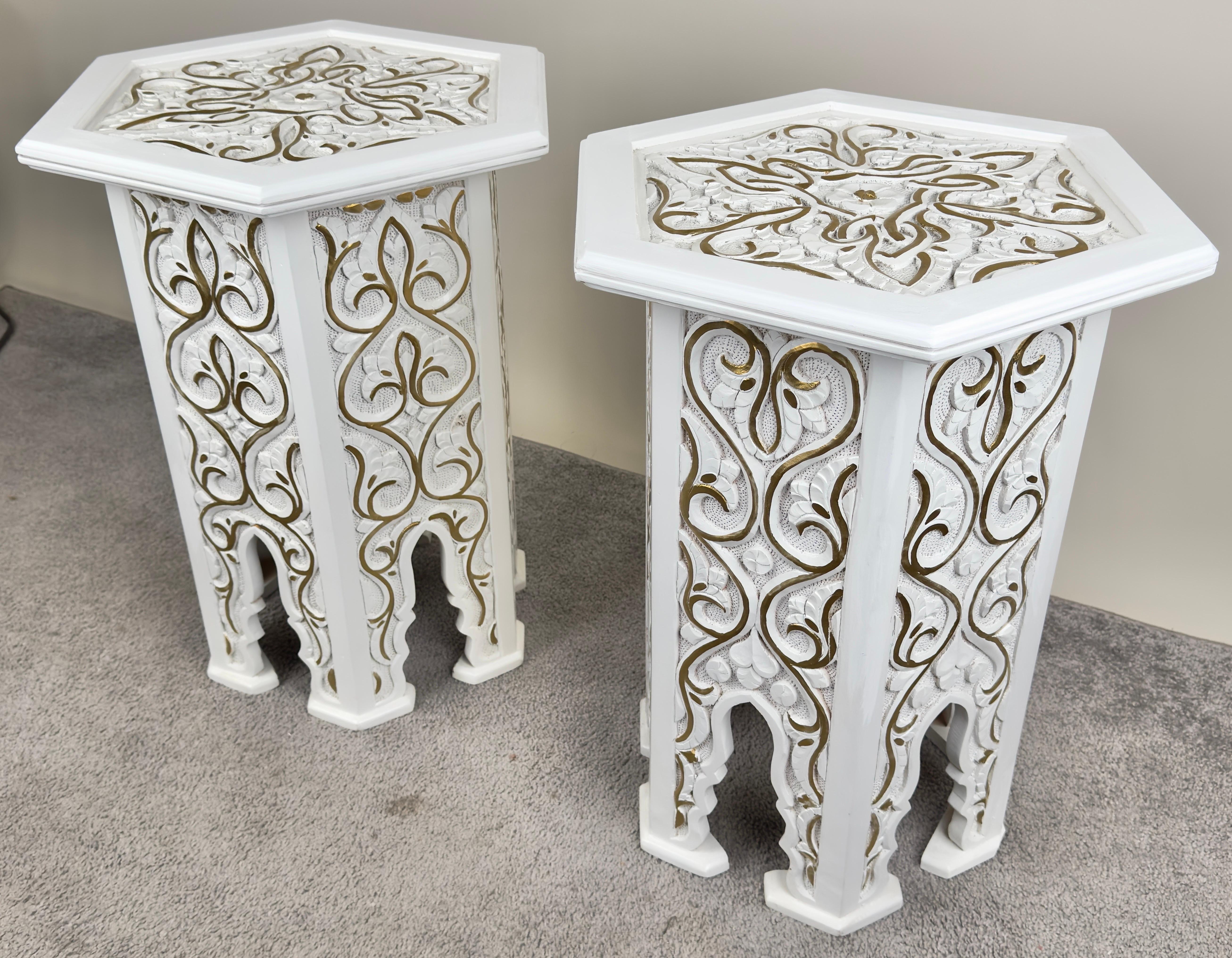 Wood Hollywood Regency Moroccan Stye Side or End Table White with Gold Design, a Pair For Sale