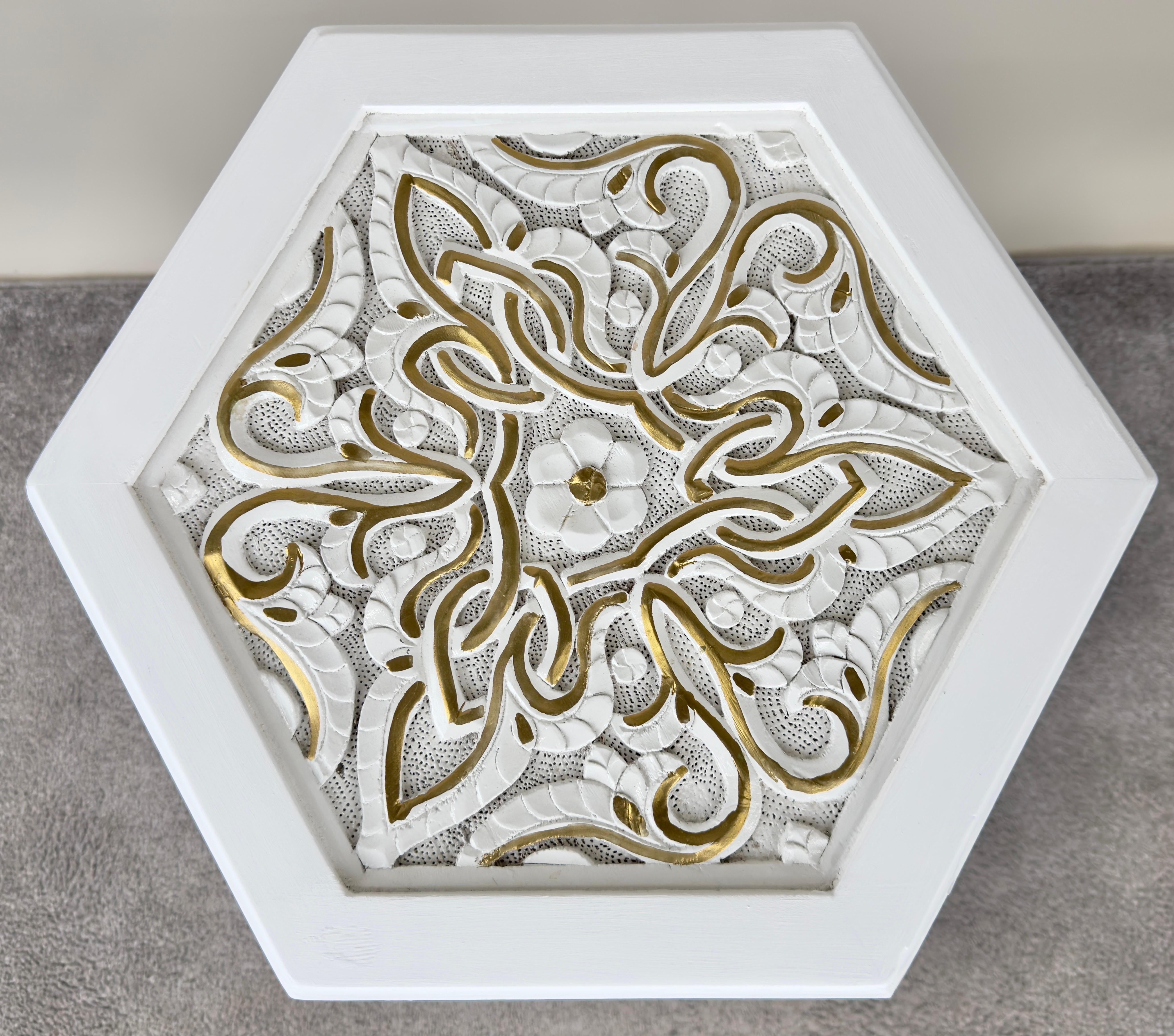 Hollywood Regency Moroccan Stye Side or End Table White with Gold Design, a Pair For Sale 1