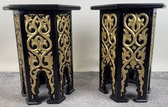 Hollywood Regency Moroccan Stye Side or End Table Black with Gold Design, a Pair