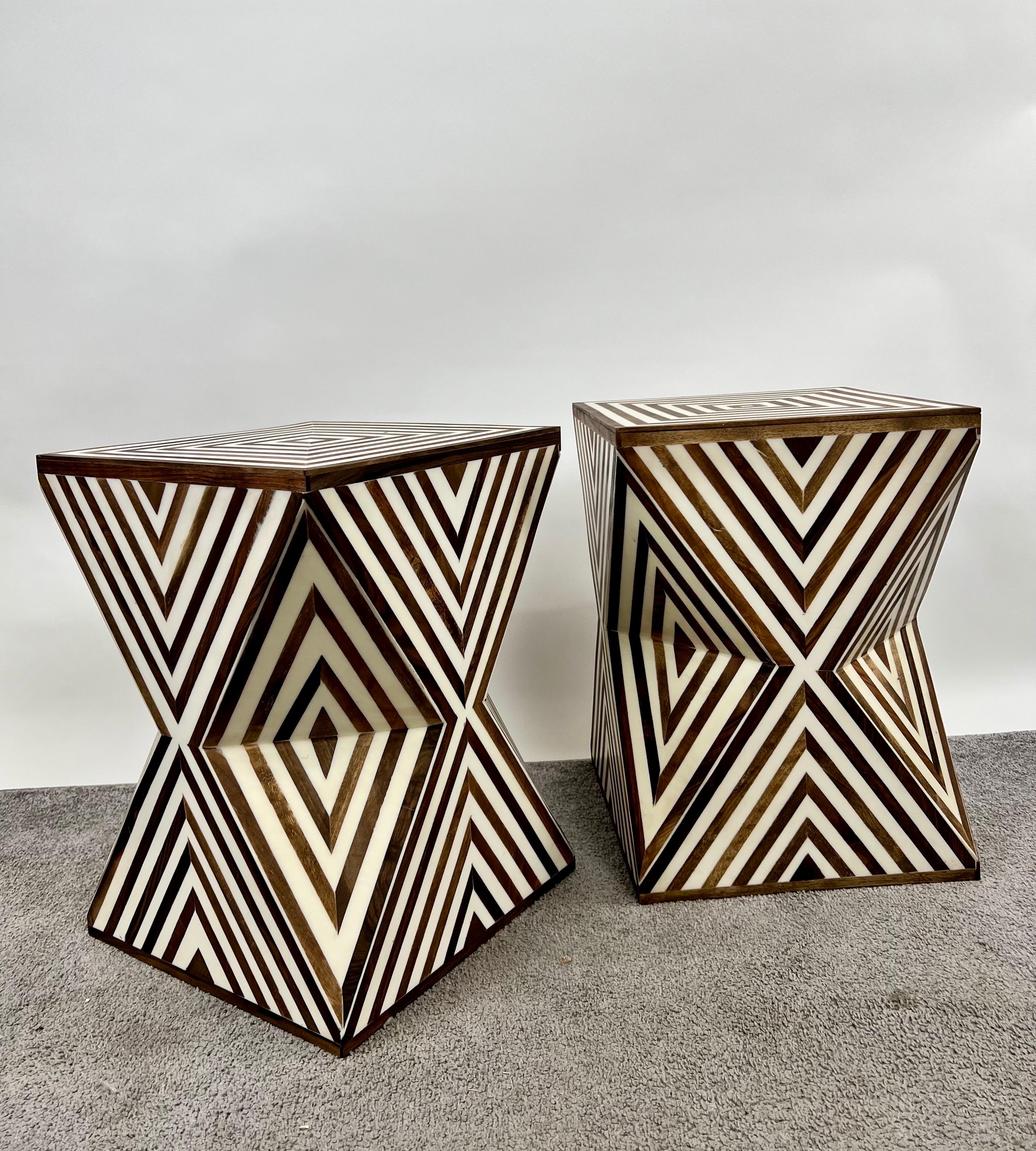 Hand-Crafted Art Deco Style Sculptural White & walnut Resin Side or End Table, a Pair For Sale