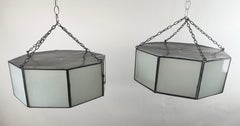 Art Deco Style White Milk Glass Octagon Shaped Pendant or Flush Mount, a Pair