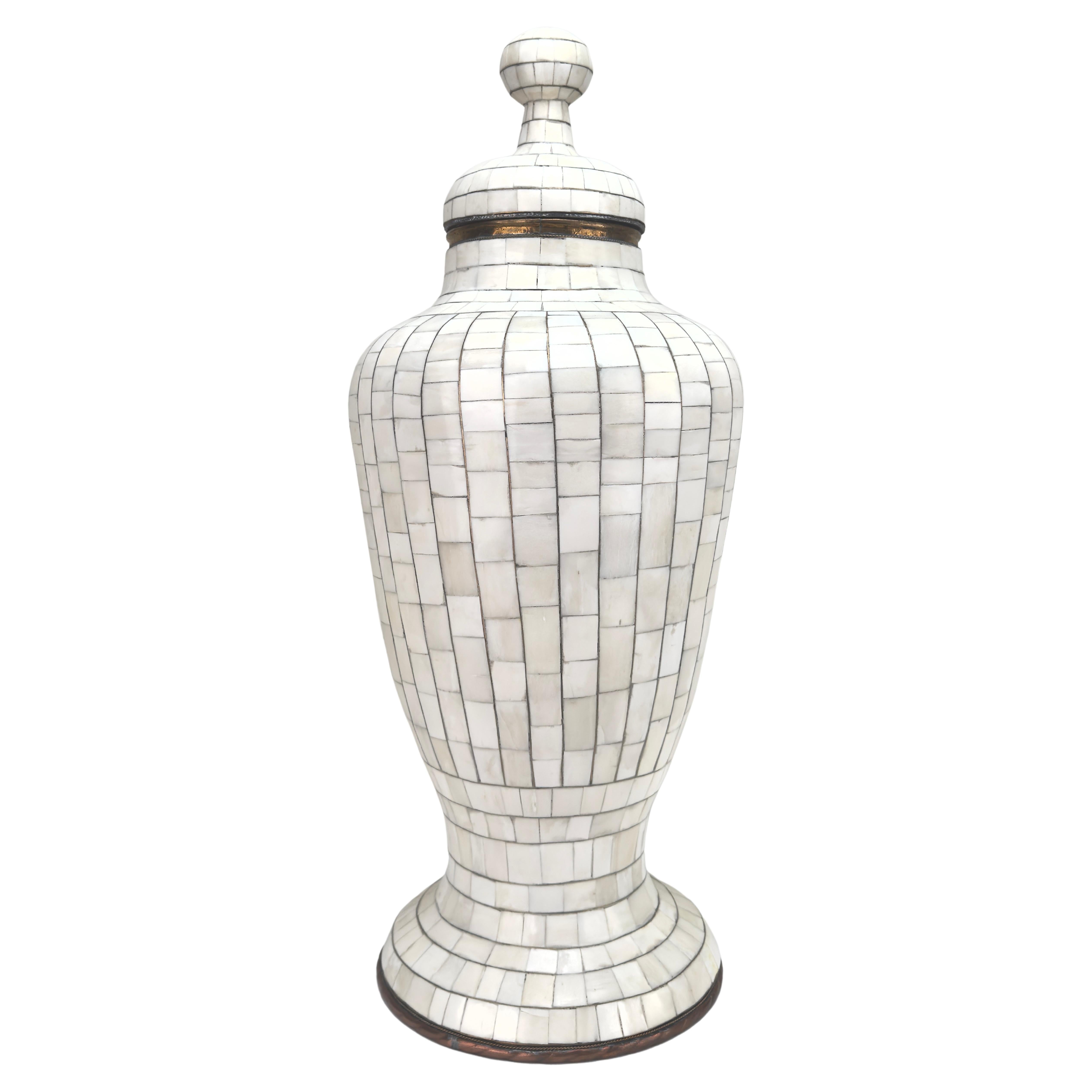 Mid-Century Off-White Mosaic Natural Bone with Brass Inlay Urn or Vase For Sale