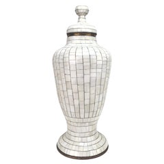 Vintage Mid-Century Off-White Mosaic Natural Bone with Brass Inlay Urn or Vase