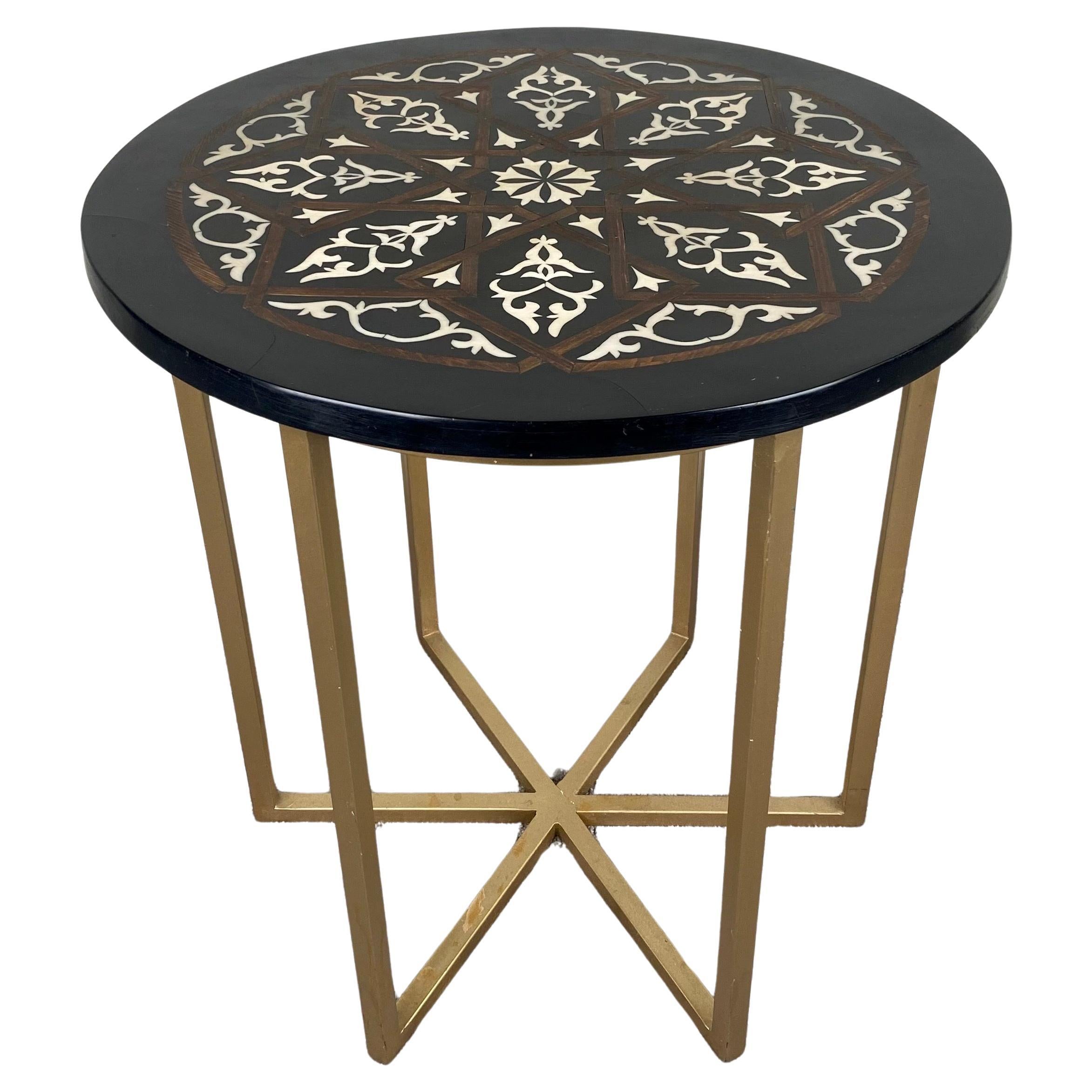 Boho Chic Moorish Design Round Side / End Table with Black Resin Top & Brass  For Sale