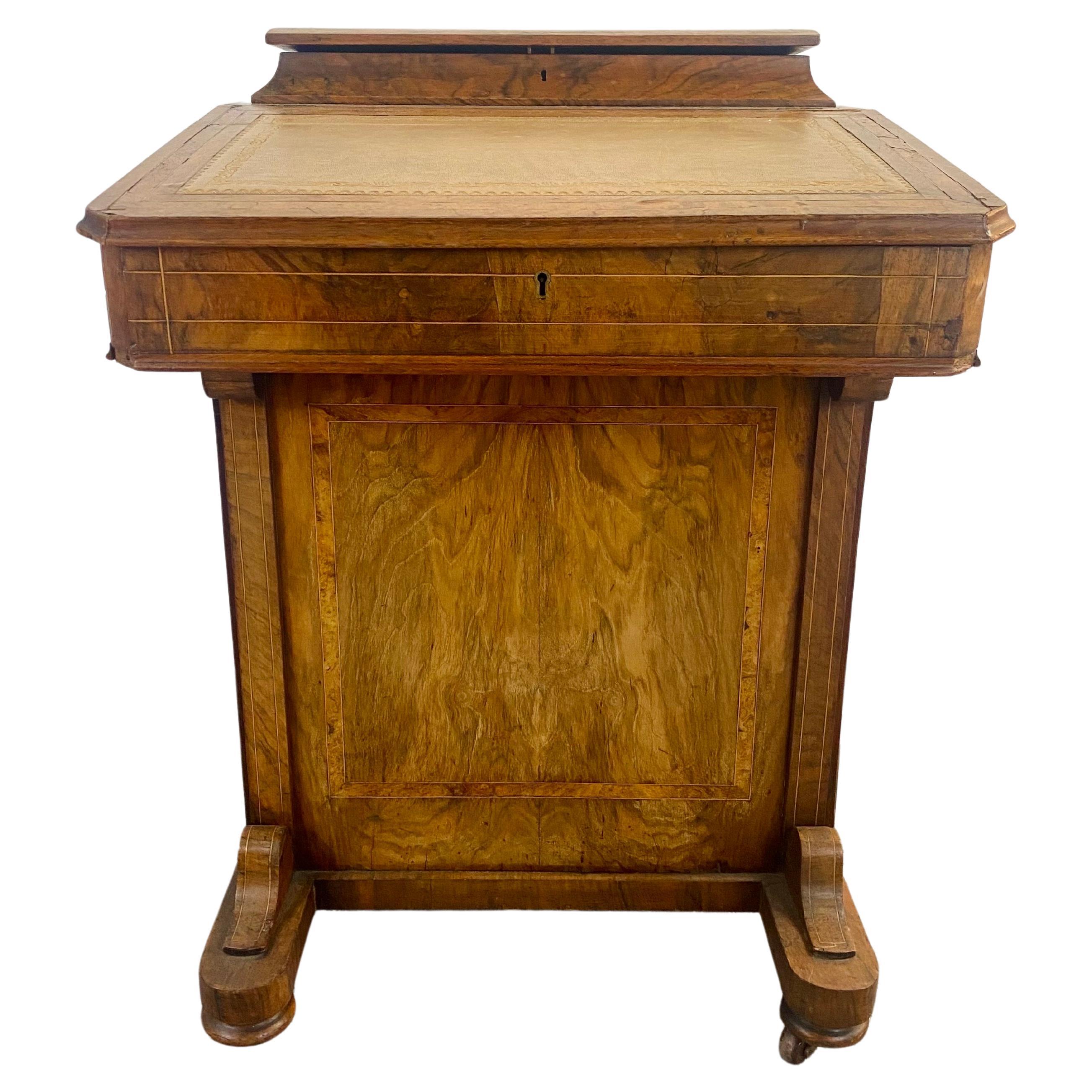 19th Century Victorian Davenport Desk Burl Inlaid over Four-Side Drawers