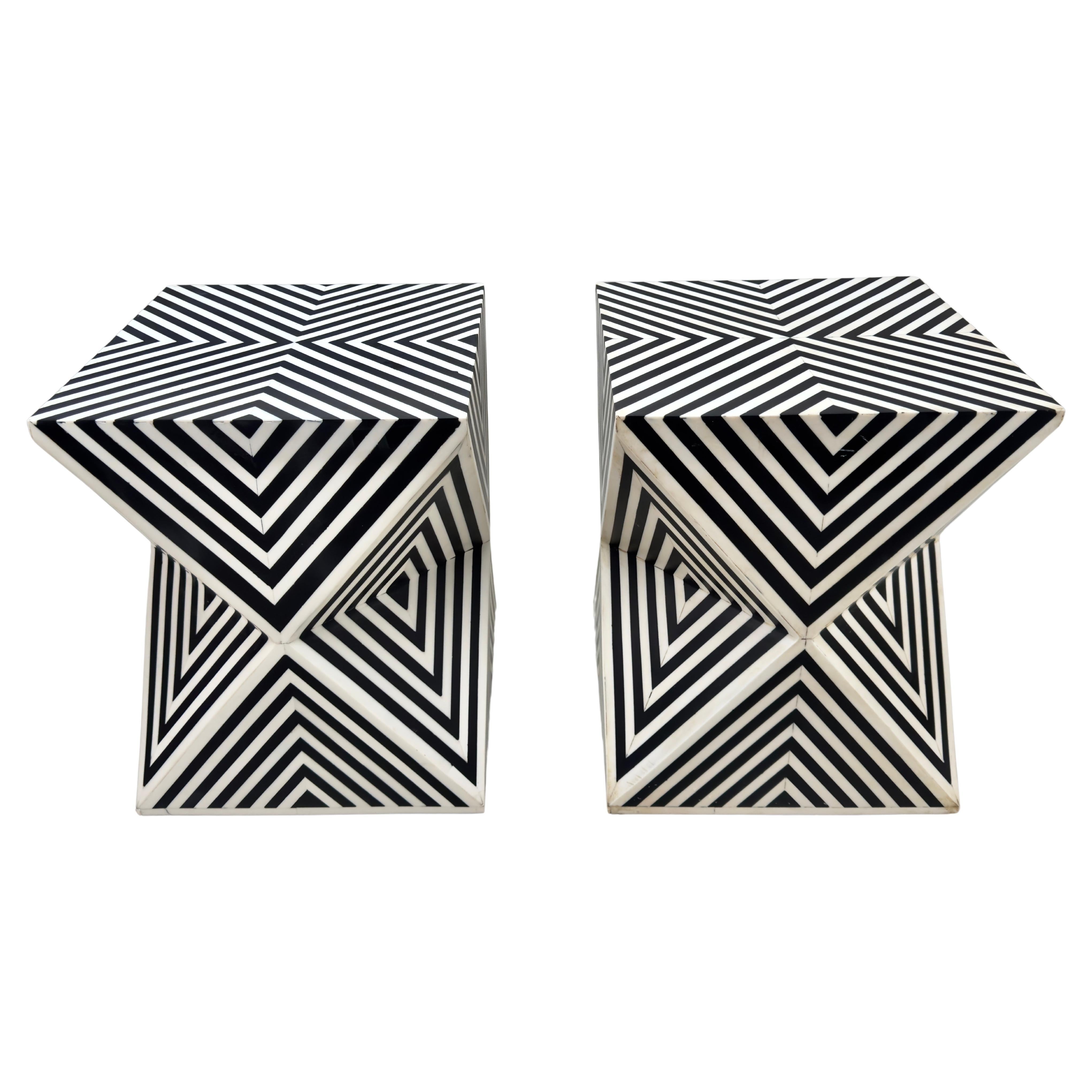 Art Deco Style Black and White Resin Sculptural Side, End Table or Stool, a Pair For Sale