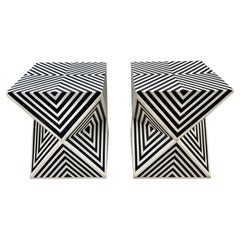 Vintage Art Deco Style Black and White Resin Sculptural Side, End Table or Stool, a Pair