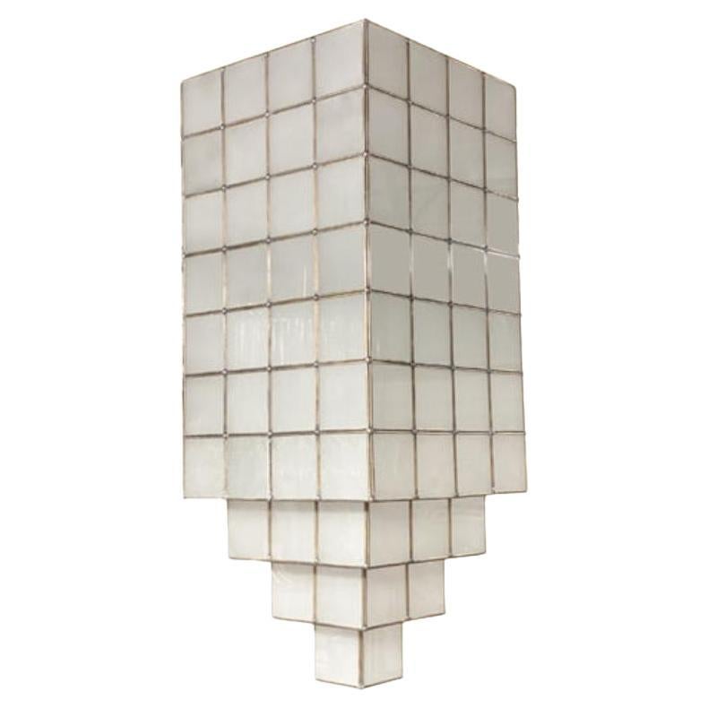 Art Deco Style Skyscraper White Milk Glass & Brass Chandelier or Pendant For Sale