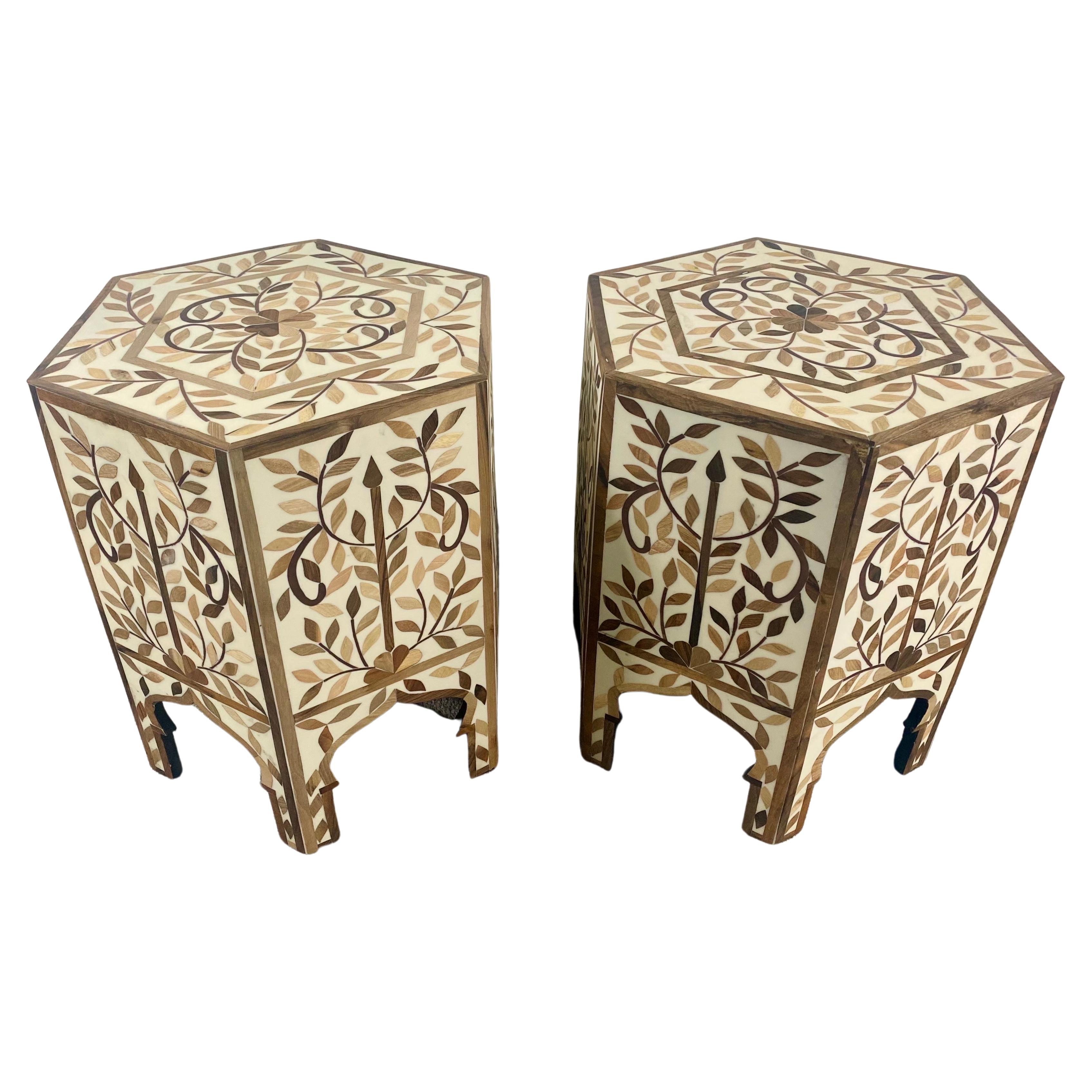 Moroccan Boho Chic Leaf Design Resin & Walnut Hexagonal Side or End Table, Pair For Sale