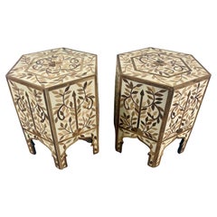 Moroccan Boho Chic Leaf Design Resin & Walnut Hexagonal Side or End Table, Pair