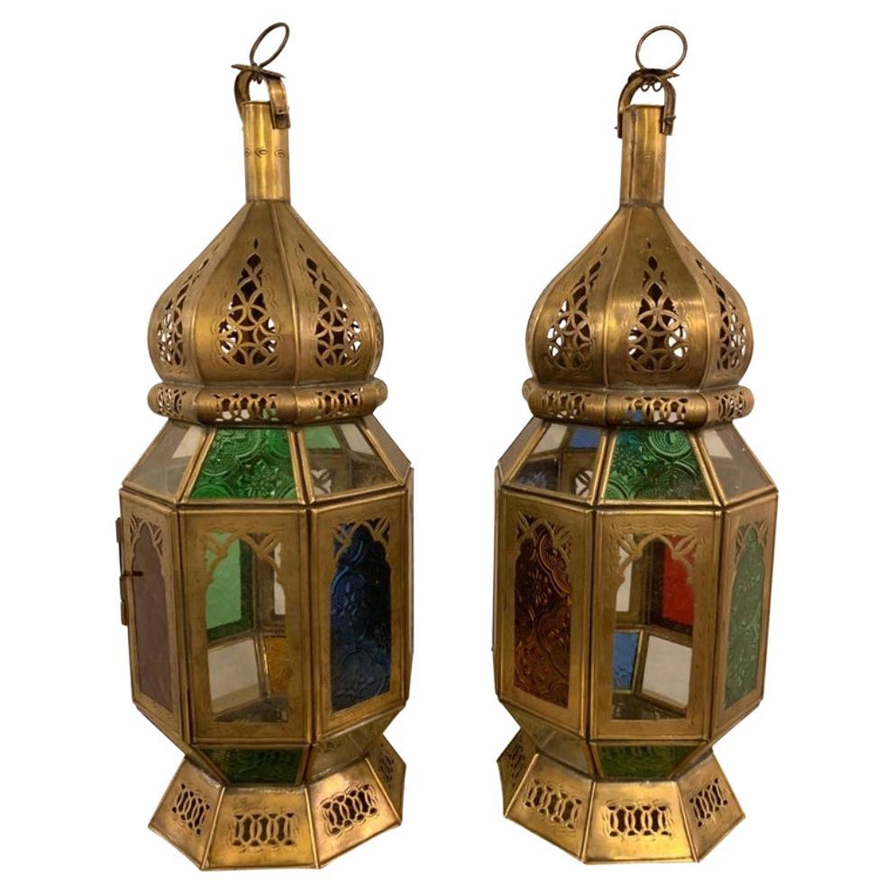 Vintage Moroccan Multi-Colored Glass Lantern, a Pair For Sale