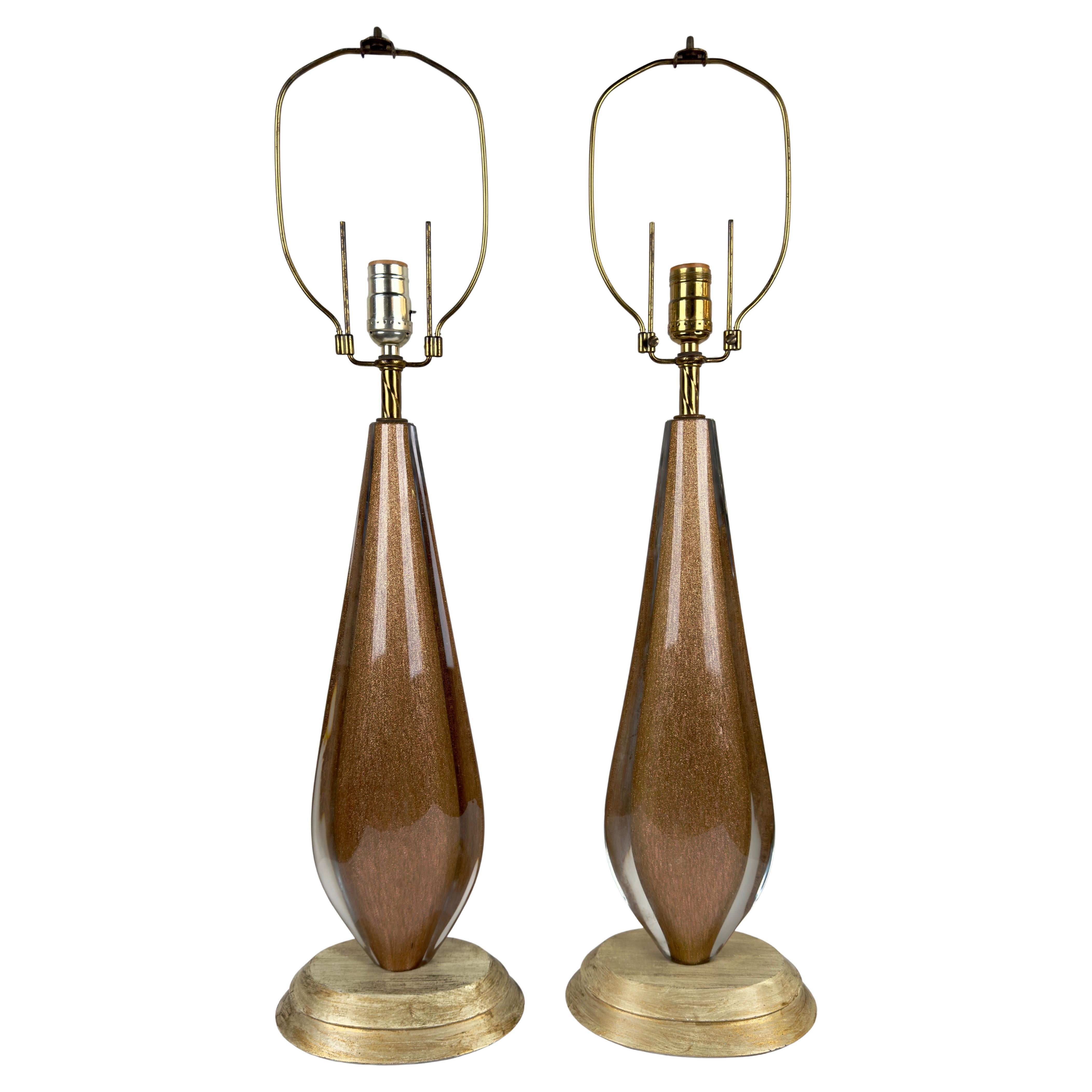 Paire de lampes de bureau Seguso en verre de Murano, dorées, mi-siècle moderne