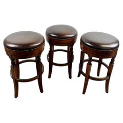 Vintage Traditional Style Frontgate Studded Leather Swivel Stool, a Set of 3