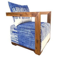 Art Deco style Walnut Lounge Chair with Blue & White Boucle Fabric
