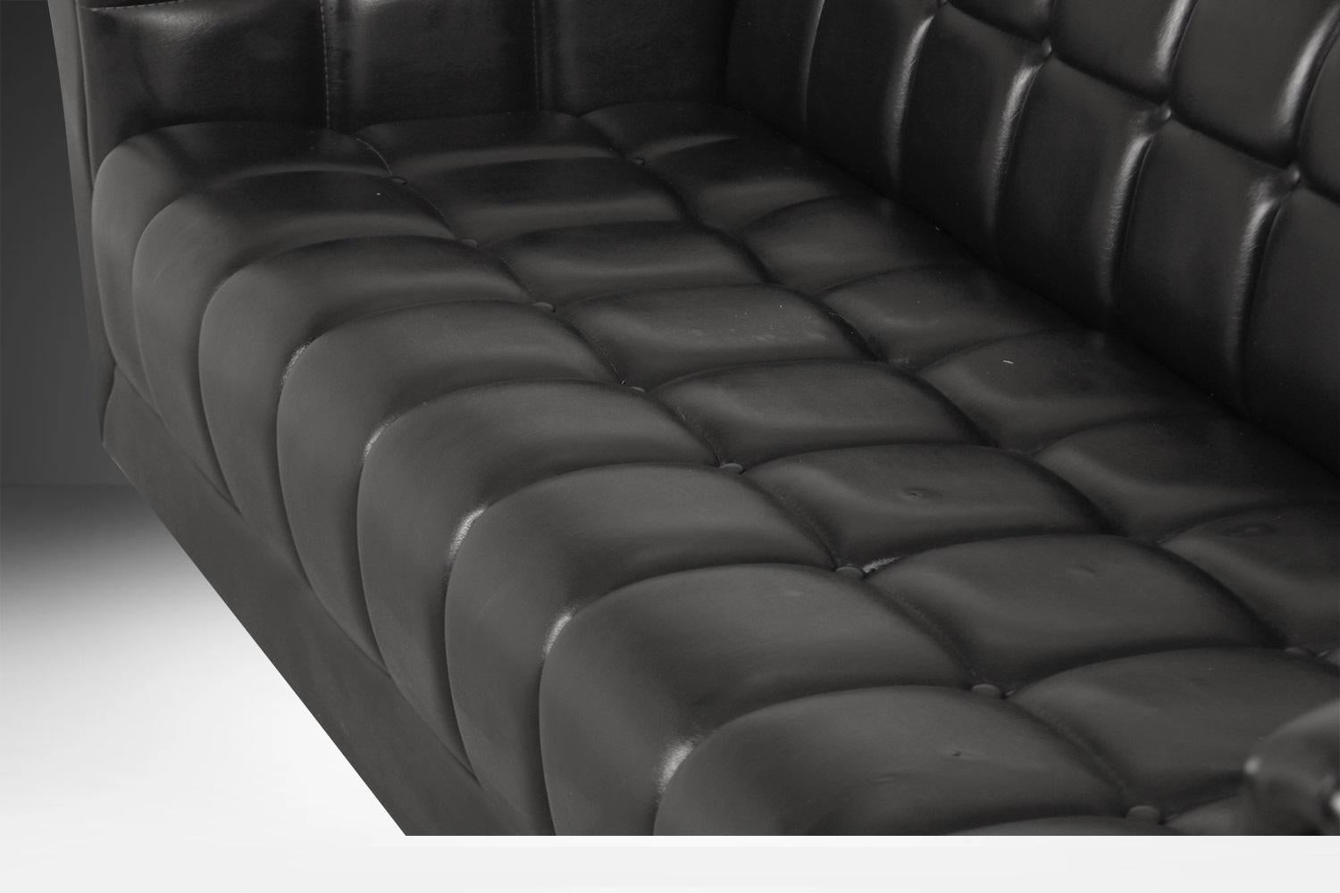 Mid-Century Black Leather Tufted Sofa Edward Wormley for Dunbar Style In Fair Condition For Sale In Baltimore, MD