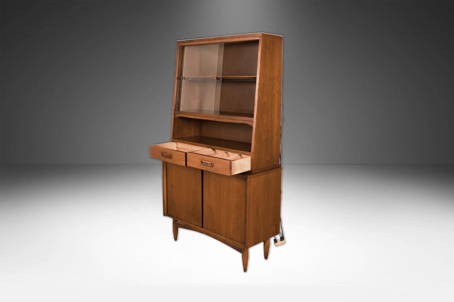 American Mid-Century Walnut China Cabinet Buffet Hutch For Sale