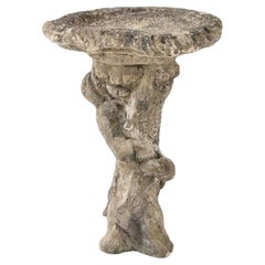 Composite Stone Faux Bois Birdbath with Squirrel Garden Ornament, English 20th C