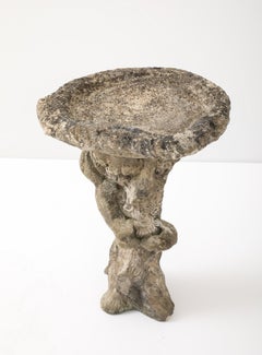 Composite Stone Faux Bois Birdbath with Squirrel Garden Ornament, English 20th C