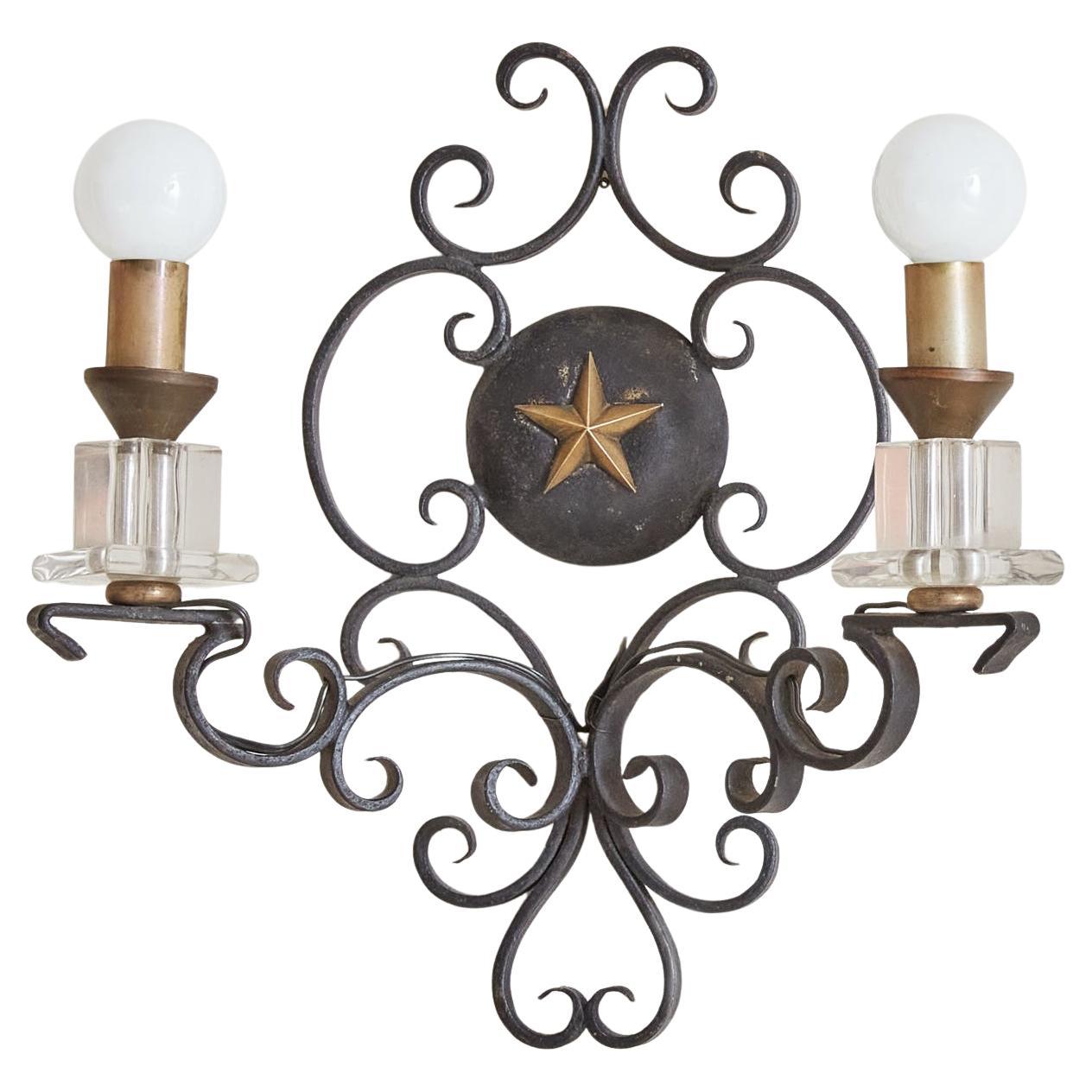 Black Iron + Glass Wall Sconce, France 1950s - 2 Available For Sale