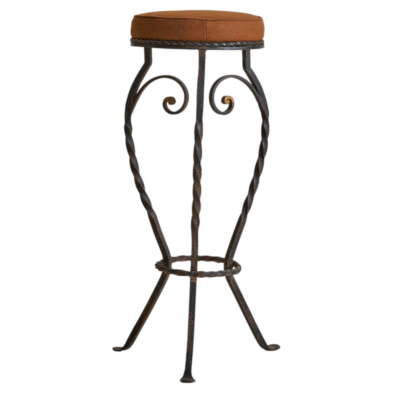 French Upholstered Iron Bar Stool, 1940s - 3 Available