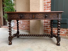Antique English Carved Oak Barley Twist Library Desk Leather Top Hall Sofa Table