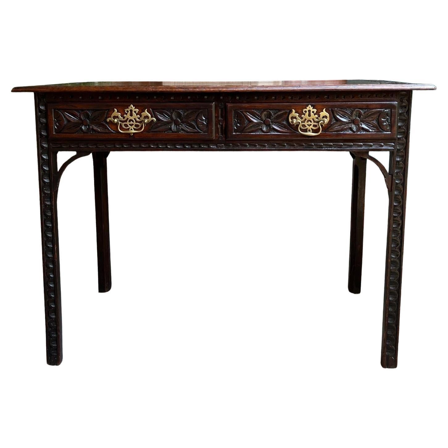 Antique English Sofa Console Table Jacobean Carved Oak Foyer Table c1890 For Sale