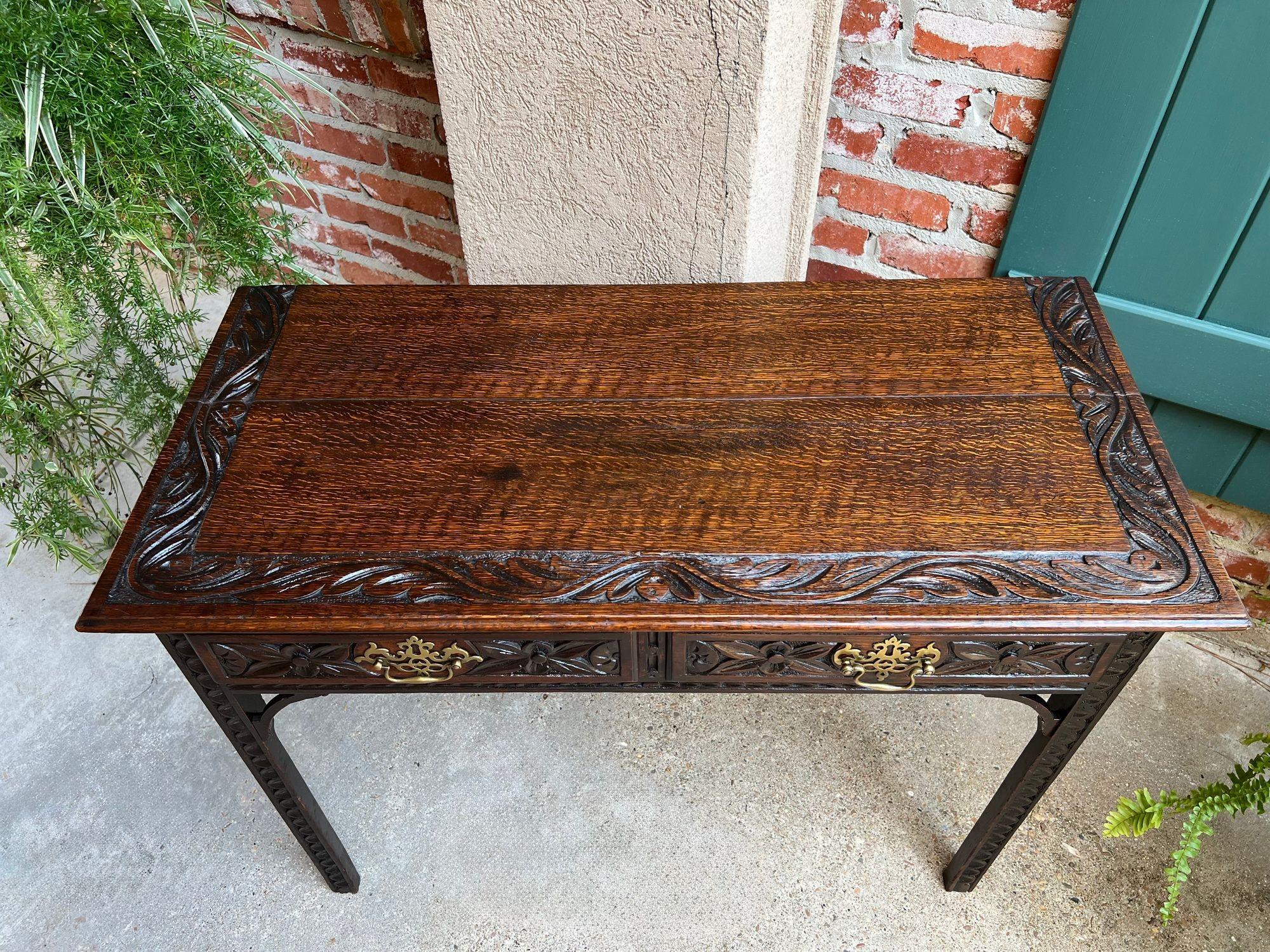 Brass Antique English Sofa Console Table Jacobean Carved Oak Foyer Table c1890 For Sale