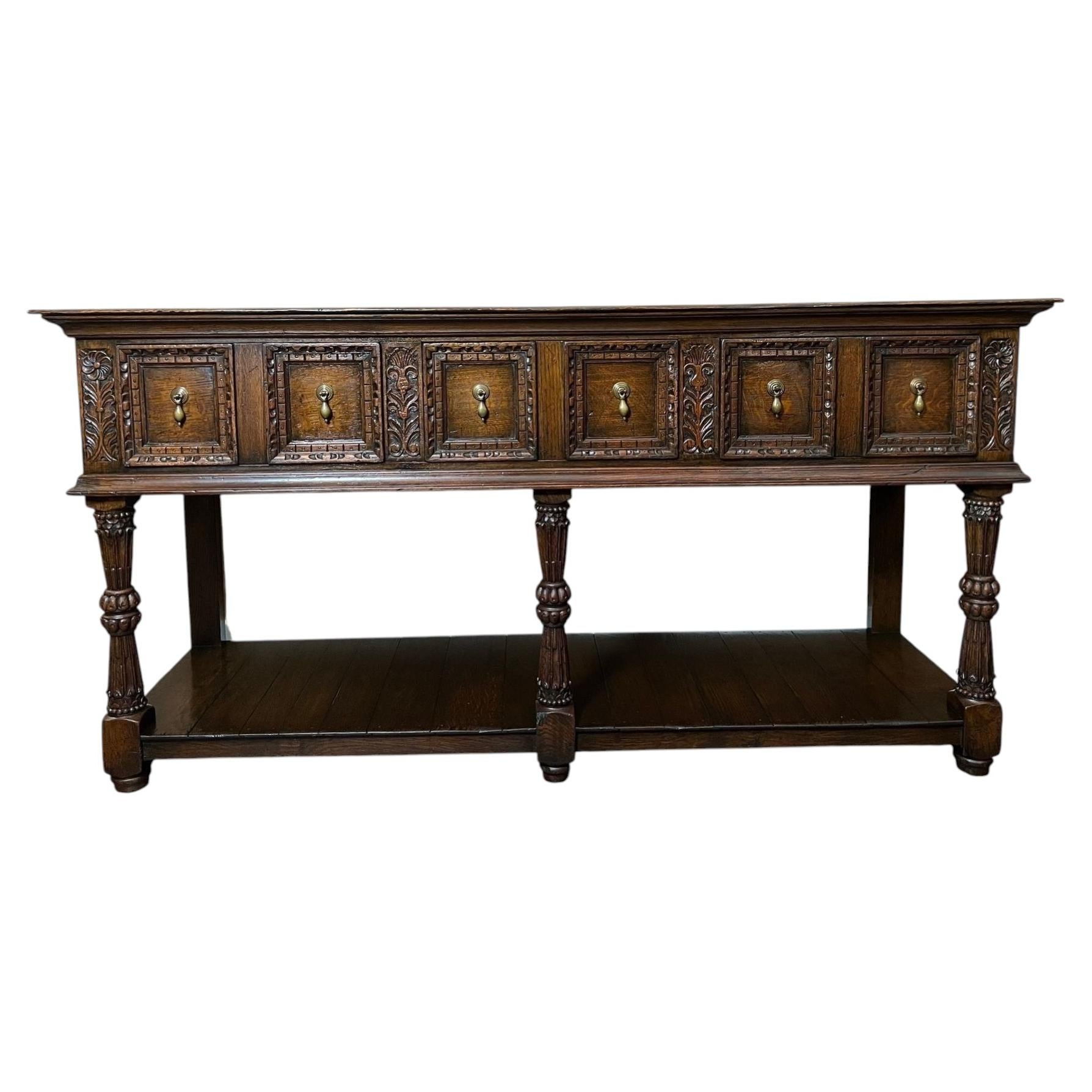 Antique English Dresser Base Sideboard Potboard Jacobean Carved Oak c1890 For Sale