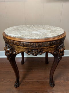 Antique French Renaissance Revival Center Table Round Marble Carved Walnut c1900