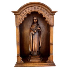 Antique French Carved Oak Statue Niche St. Thérèse Gothic Shrine c1930