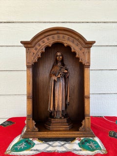 Antique French Carved Oak Statue Niche St. Thérèse Gothic Shrine c1930