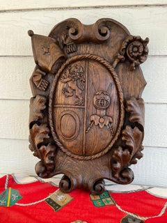 Antique French Gothic Wall Plaque Coat of Arms Carved Oak Renaissance c1890