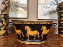 Antique English Planter Jardiniere Horse Equine Black Decoupage Tole Metal c1900