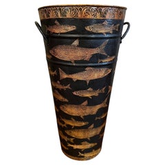 Vintage English Planter Jardiniere Urn Fish Decoupage Black Tole Lodge Décor