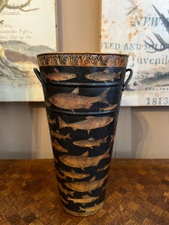 Vintage English Planter Jardiniere Urn Fish Decoupage Black Tole Lodge Décor