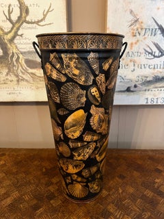 Vintage English Planter Jardiniere Urn Shell Decoupage Black Tole Coastal Décor