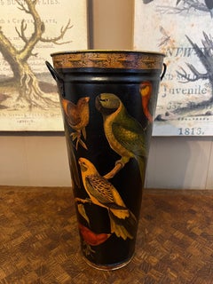 Vintage English Planter Jardiniere Urn Bird Decoupage Black Tole Aviary Décor